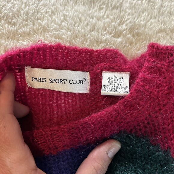 Vintage Sweater Large Mohair Long Line Pink Wool Blend Color Block Fuzzy Grunge - Picture 8 of 12